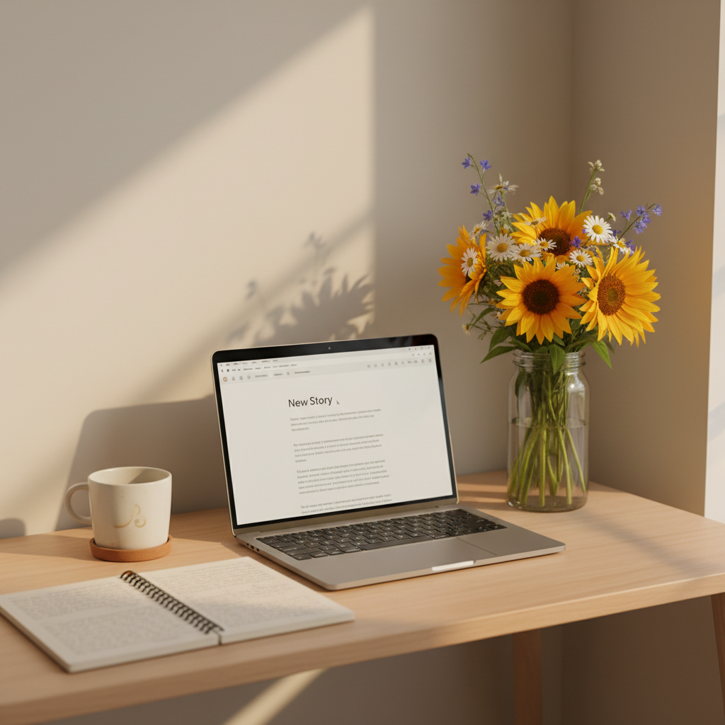 A minimalist writing nook captured in photographic realism: a slim wooden desk pushed against a sunlit wall painted a soft, muted cream. On the desk, a sleek open laptop displays a blank document titled “New Story,” beside a spiral-bound notebook brimming with tiny, handwritten notes. A tall, clear glass jar overflowing with bright sunflowers and wildflowers anchors one side, their petals catching the late afternoon light from a nearby window. A ceramic mug with faint tea rings sits on a cork coaster. The composition uses the rule of thirds, with a gentle blur on the edges, evoking a calm, inviting, and modern creative atmosphere that suggests the start of a personal writing session.